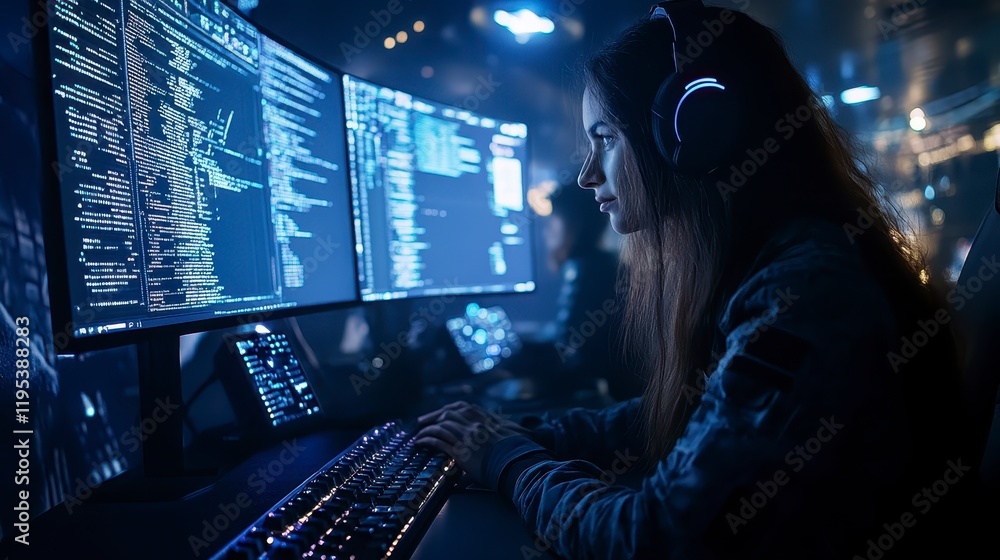 Poster focused female programmer coding late night on dual monitors