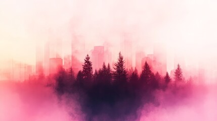 Dreamy pink cityscape obscured by a misty forest. A surreal and atmospheric image.