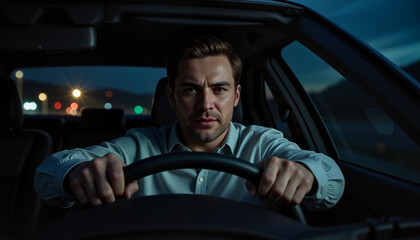 Angry man gripping steering wheel while driving in twilight, showcasing tension and frustration