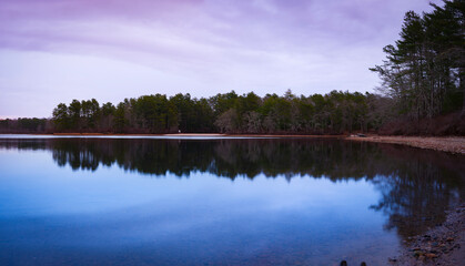 Tranquil New England Winter Panoramic Landscape with Water Reflections over the Samson Pond and...