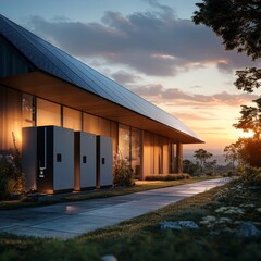 Obraz premium A sustainable energy solution image showcasing home battery packs and solar panels, perfect for green technology promotions.