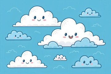 A whimsical illustration of happy clouds floating in a bright blue sky, perfect for children's books and cheerful designs.