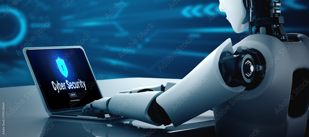 Poster cyber security system on computer screen protect private information snugly from hacker and cyber at