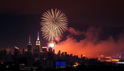 Fireworks illuminate the New York City skyline at night