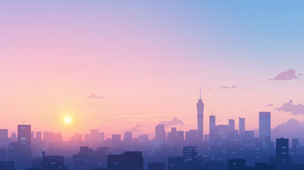 Fototapeta premium vibrant city skyline at sunset, featuring silhouettes of buildings against colorful sky