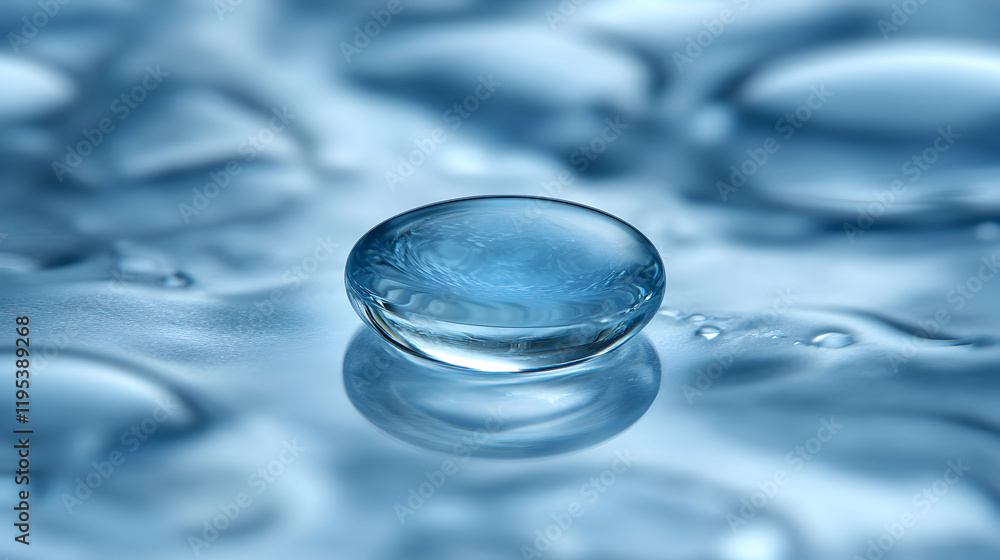 Poster Macro photograph of a large water droplet resting on a surface of smaller water droplets, creating a serene and abstract image.