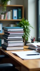 A stack of books on a wooden desk in a modern office environment with plants.