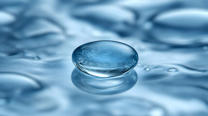 Macro photograph of a large water droplet resting on a surface of smaller water droplets, creating a serene and abstract image.