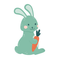 The bunny is sitting and holding a large carrot in his paw.