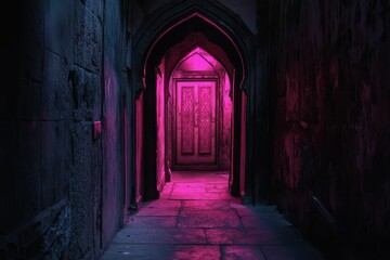 Obraz premium Pink-lit hallway, arched doorway, old stone walls, door.