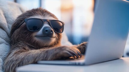 A sloth wearing sunglasses uses a laptop.  Chill vibes only!