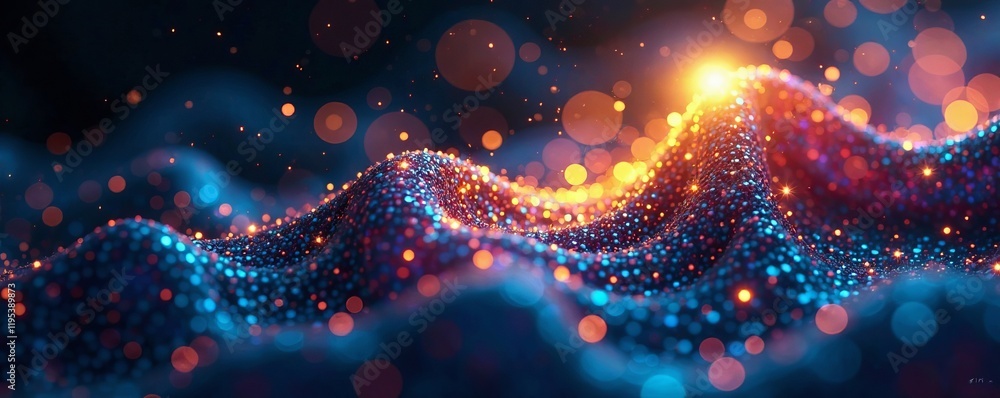 Poster a stunning abstract background of glowing colorful particles and wave patterns.