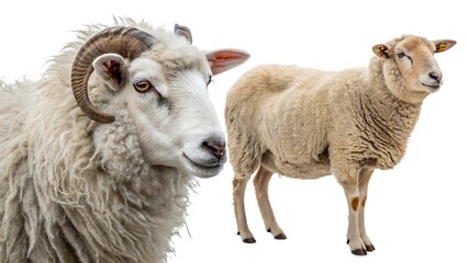 Fototapeta premium Set of sheep portraits on transparent background. Domestic and wild animal concept.