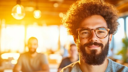 Obraz premium Portrait of a smiling young man with curly hair and glasses in a bright, modern workspace.