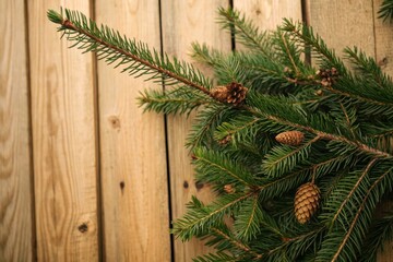 Naklejka premium Evergreen boughs with immature pine cones resting against a weathered wood plank background
