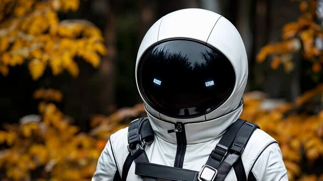 Astronaut in Autumn Forest - Futuristic Spaceman in White Space Suit, Exploring the Universe - Sci-fi Adventure, Cinematic Background Animation