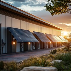 Obraz premium A sustainable energy solution image showcasing home battery packs and solar panels, perfect for green technology promotions.