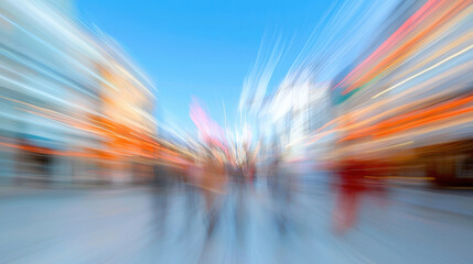 Blurred city street scene with vibrant lights and people walking