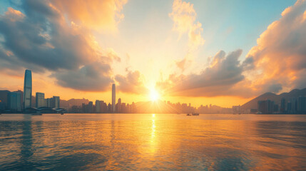 Stunning sunset over city skyline, reflecting on calm water