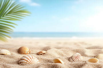 Seashells on Sandy Beach Background