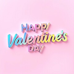 Iridescent colors overlay a modern flat design 3D inscription Happy Valentine's Day composed of simple two-dimensional shapes with vibrant iridescent reflections
