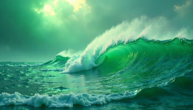 A stunning view of powerful waves crashing in a vibrant green ocean under dramatic skies.