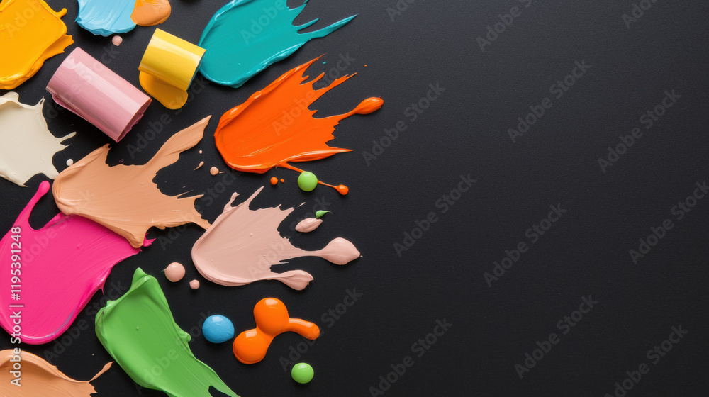 Aufkleber Colorful paint splashes and blobs on black surface create vibrant artistic display