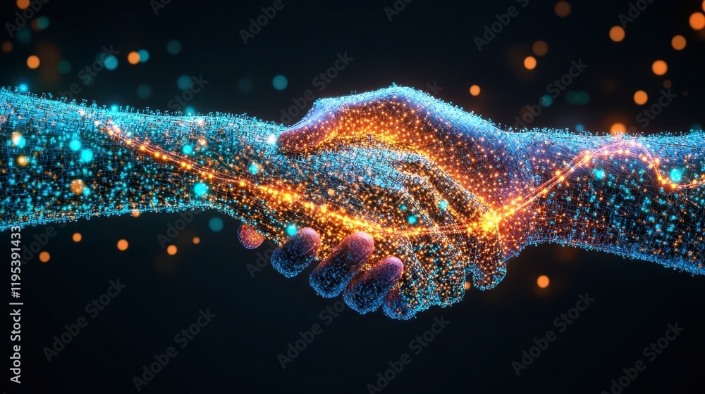 Poster abstract digital handshake futuristic network connection collaboration teamwork concept