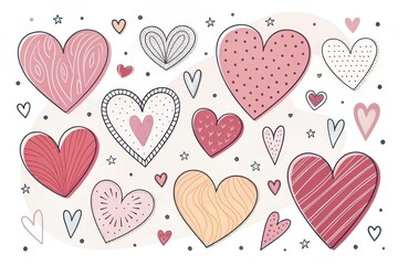 A Charming Collection of Hand-Drawn Hearts in Various Patterns and Shades of Pink and Red