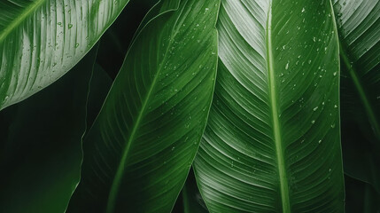 Lush green leaves with water droplets create vibrant, fresh atmosphere