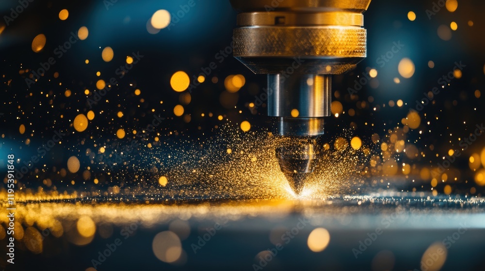 Poster closeup of a part being polished by a handheld rotary tool with fine dust flying and the intricate t