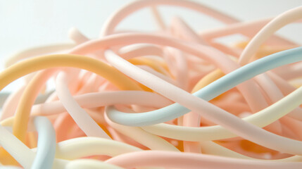 Colorful, soft, and flexible strands create abstract composition. pastel hues of pink, yellow, and blue intertwine beautifully