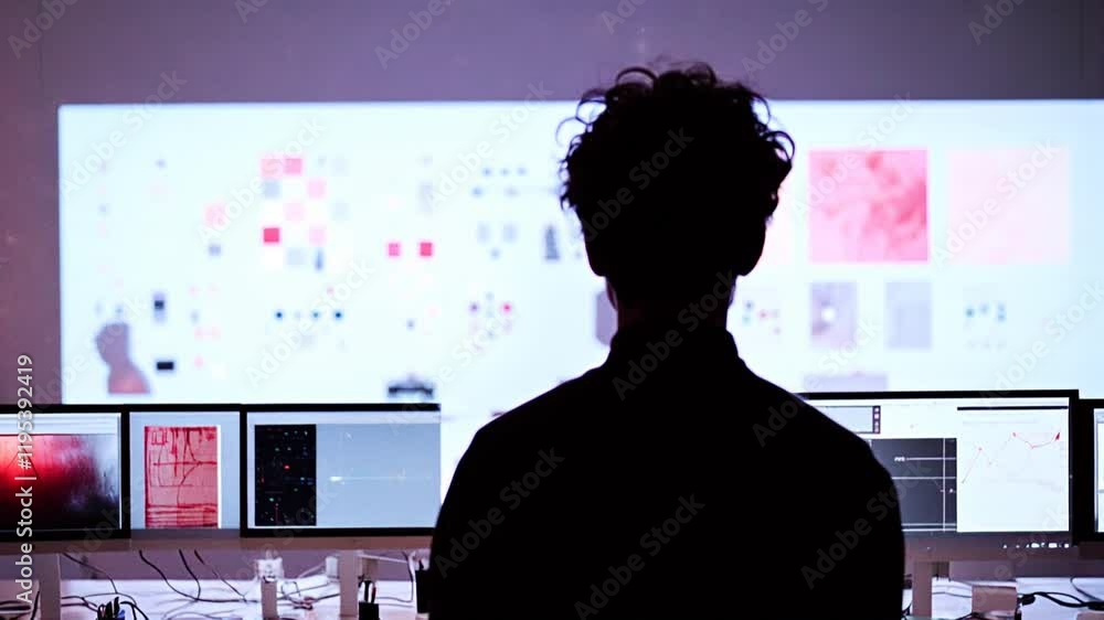 Poster silhouette of a tech professional analyzing data across multiple monitors in a creative workspace. i