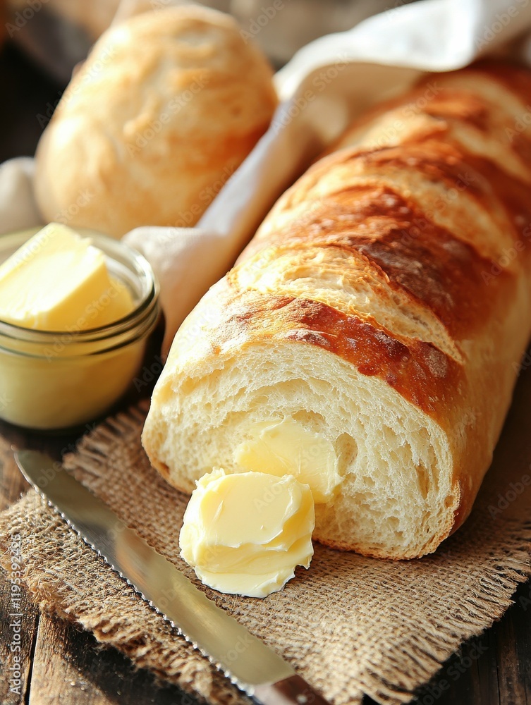 Poster rustic loaf of sourdough bread with butter on a wooden table