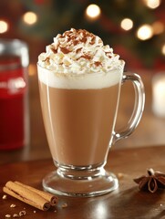 Warm hot cocoa topped with whipped cream and cinnamon served in a cozy setting during winter season