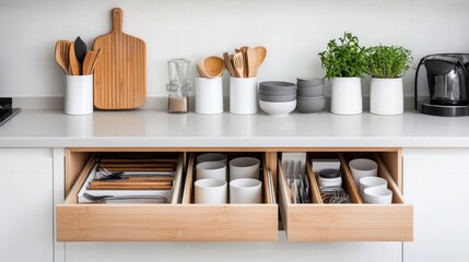 Modern Kitchen Design with Open Drawers Showcasing Tableware, Utensils, and Potted Herbs on Countertop