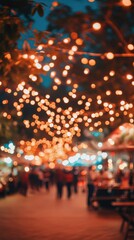 Vibrant bokeh lights create a festive atmosphere at an outdoor night market during the summer season