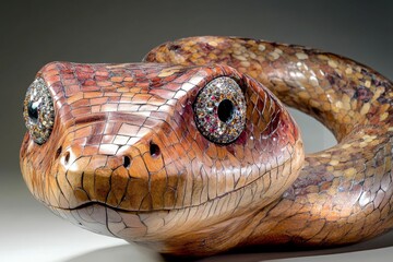 Fototapeta premium Intricate wooden snake sculpture; jeweled eyes.