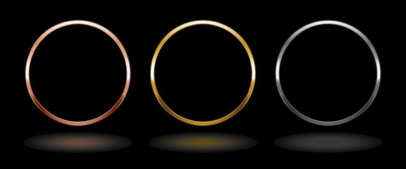 Shiny metal circle frame. Isolated luxury pink gold, gold and silver round border on black background. Set of glossy geometric frame mockup design element. 3d Vector illustration.
