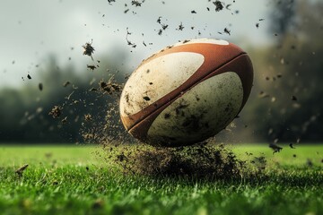 A rugby ball being forcefully slammed into the green grass, sending dirt flying in an intense moment of the game
