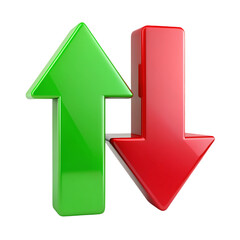 Shiny Green Up Arrow Red Down Arrow 3D Graphic icon sign data stock trend chart design    