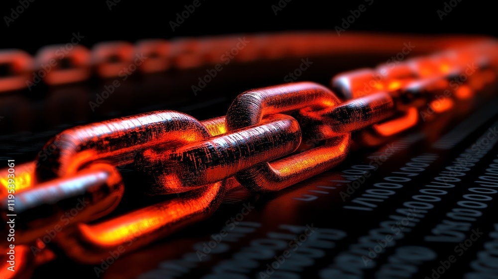 Poster glowing metal chain link on binary code background cybersecurity concept