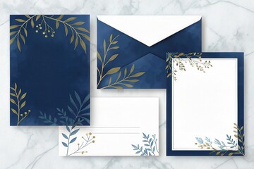 Elegant stationery set with navy and gold botanical accents