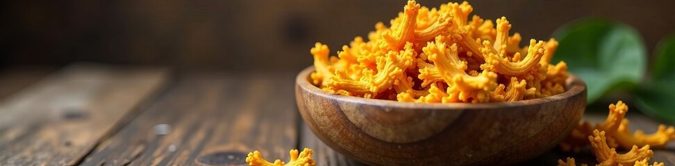A vibrant bowl of turmeric root showcasing its natural color and texture on wooden table.