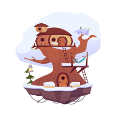 Game island with huts, vector cartoon cute winter fairy tale village houses with ladder, lantern, hammock on tree trunk