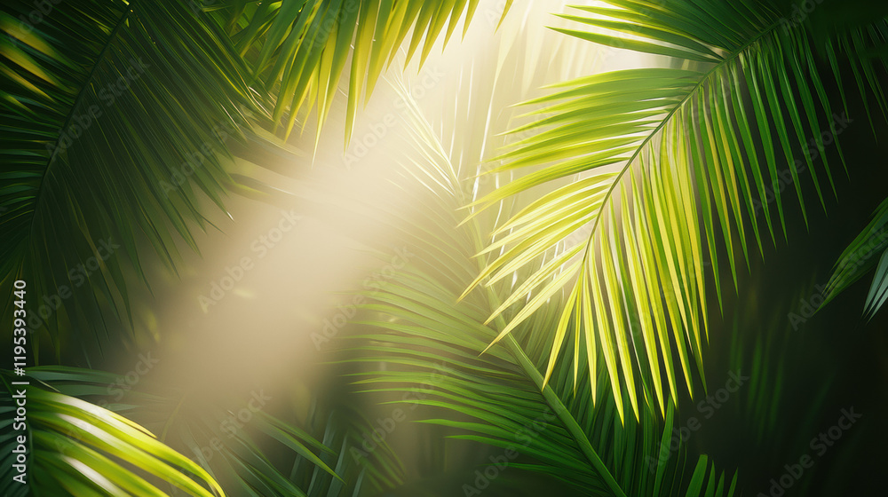 Poster lush green palm leaves create serene atmosphere with soft light filtering through