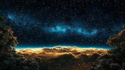 Obraz premium Majestic Night Sky Starry Galaxy Cloudscape Trees Silhouette