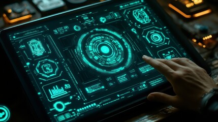 Obraz premium Futuristic Tablet Display Hand Interacting with Sci Fi Interface Digital Technology Concept