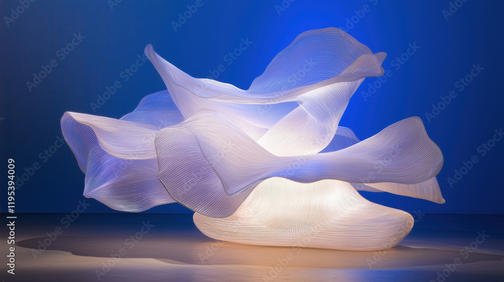 Poster modern sculpture with flowing shapes and soft lighting creates ethereal atmosphere. design features intricate lines and luminous quality