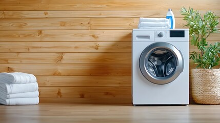 Minimalist and Efficient Laundry Closet Design with Sliding Wooden Panels and Modern Washing and Drying Appliances in a Cozy Organized Home Interior